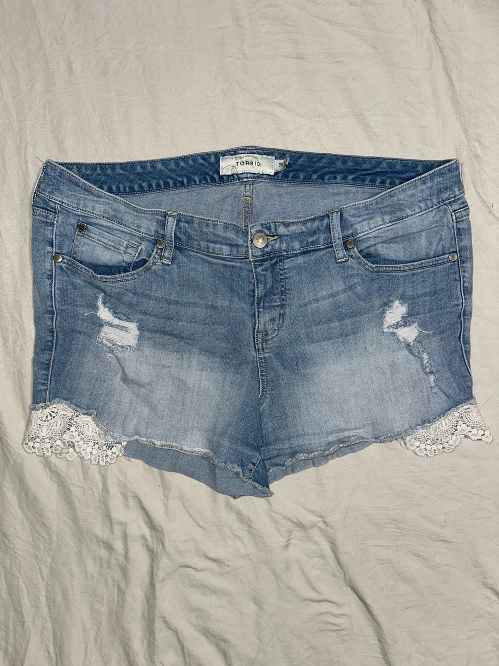 torrid Light Wash Denim Shorts with Lace Trim